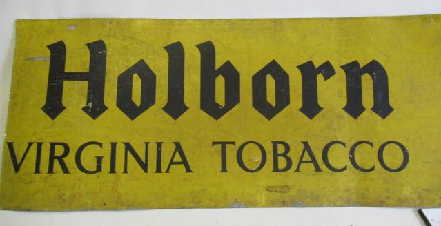 Painted Holborn Virginia Tobacco aluminium sign in yellow/black, some damage, 40" x 18", F (Est. Image