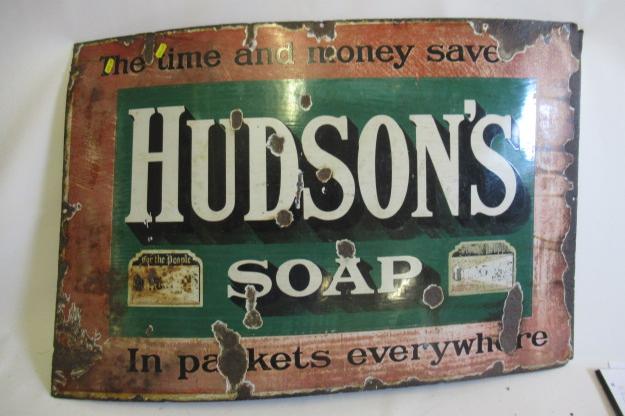 Enamel Hudsons Soap sign, much rusting and loss of enamels, 36" x 24", P (Est. plus 24% premium inc. Image
