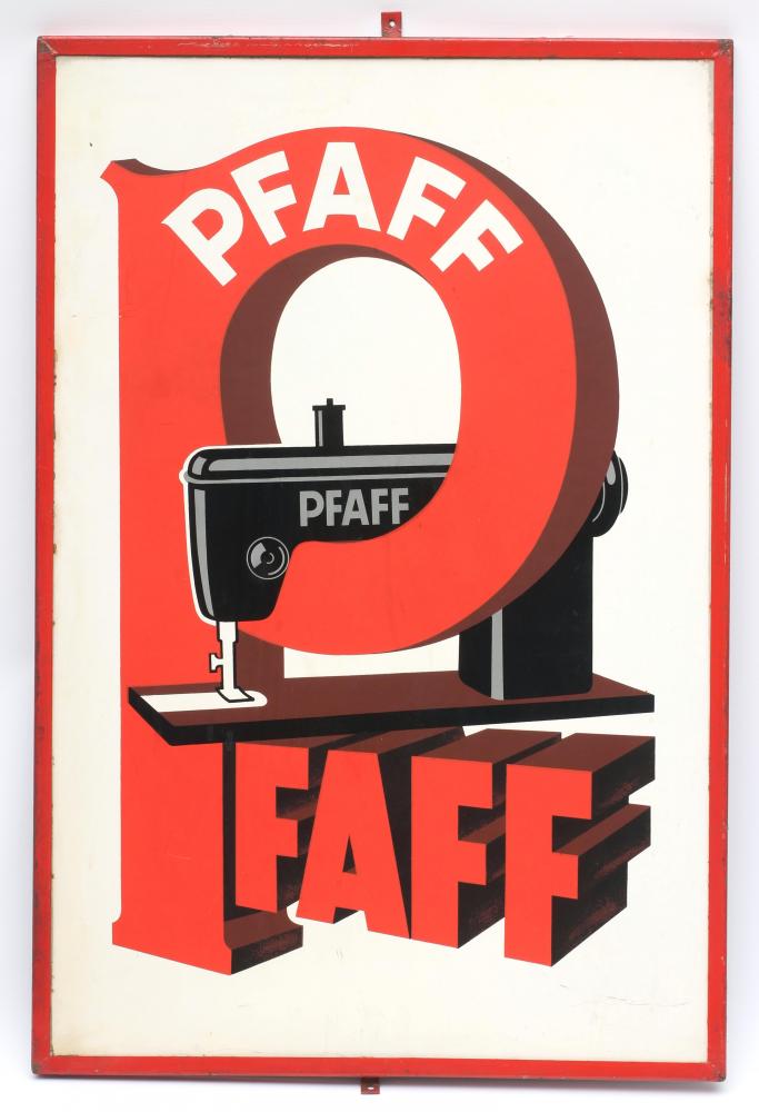 A card printed metal frame PFAFF Sewing Machine sign, 20" x 30", G (Est. plus 24% premium inc. VAT) Image