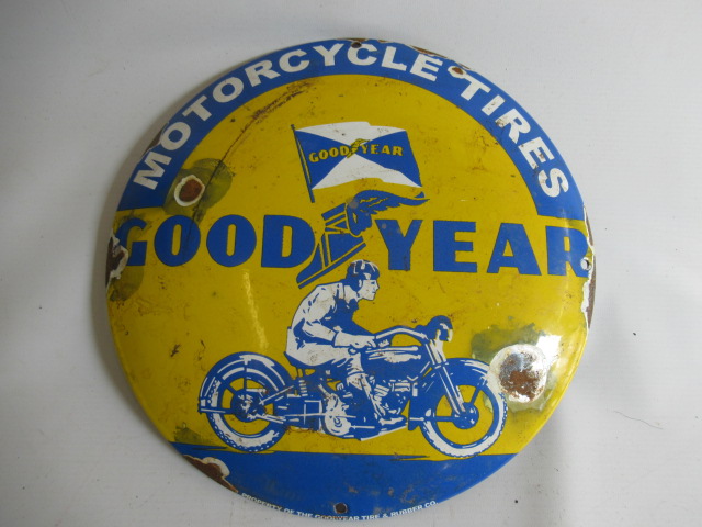 Goodyear Motor Cycle Tyres round enamel sign, some chips to enamel on edge and face, 12" diameter, F Image