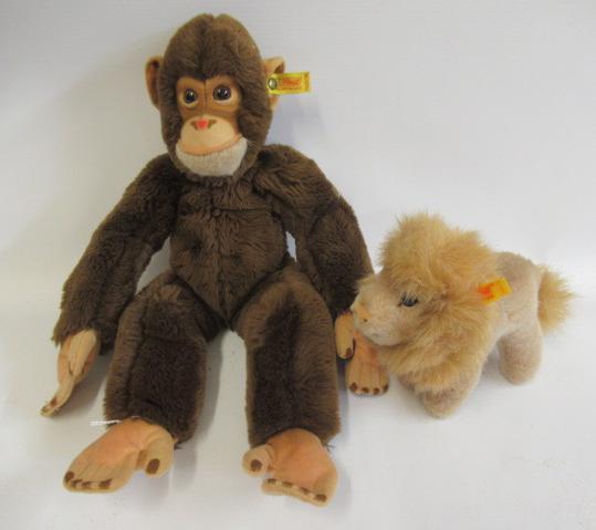 Steiff Jocko monkey, with ear tag and button, 15 1/2" long, together with a Steiff Leo lion (2) Image