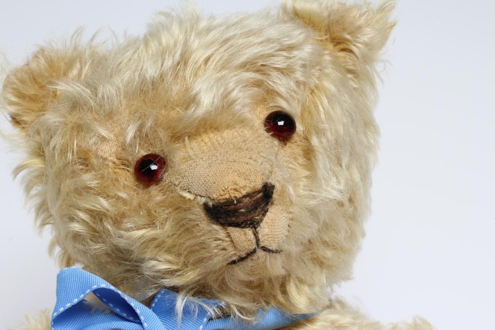 A pre-war teddy bear, with amber glass eyes, sewn nose, long orange plush and felt pads, 19 1/2" Image