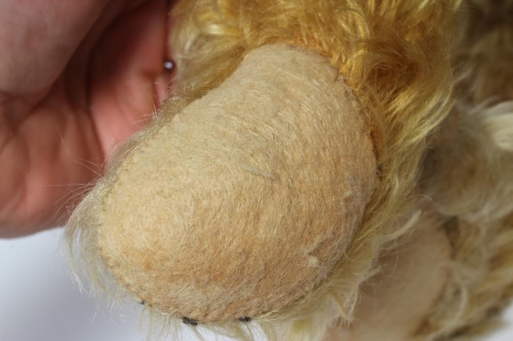 A pre-war teddy bear, with amber glass eyes, sewn nose, long orange plush and felt pads, 19 1/2" Image