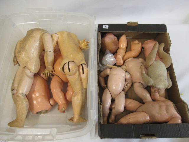 Two boxes including an Armand Marseille 351 baby doll (in parts) and eight assorted doll bodies Image