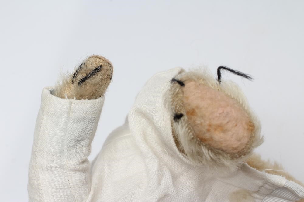A rare pre-war white teddy bear, with amber glass eyes, sewn nose, white plush, straw filling, felt Image