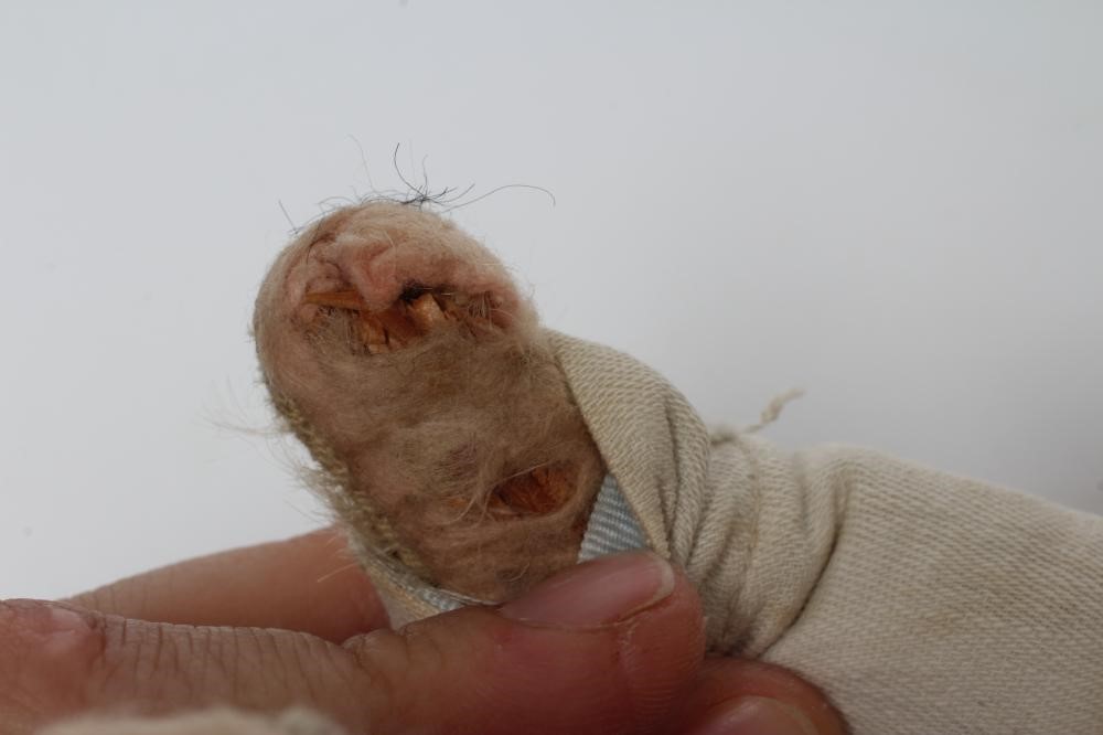 A rare pre-war white teddy bear, with amber glass eyes, sewn nose, white plush, straw filling, felt Image