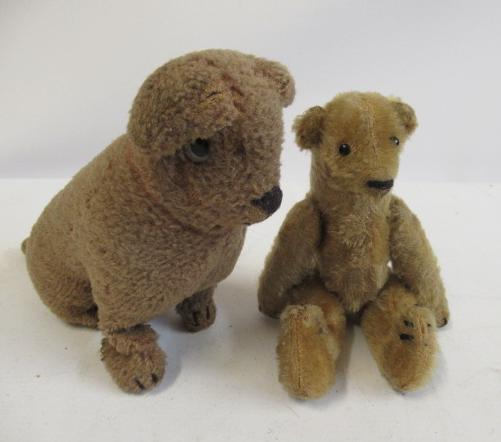 Two vintage plush toys, comprising an 8 1/4" five piece straw filled teddy bear with shoe button Image