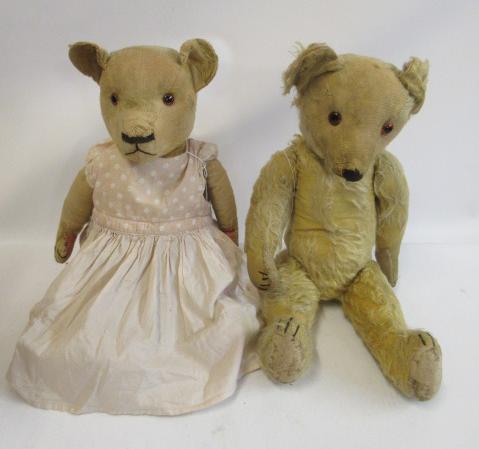 Two English mid-war teddy bears, including a 21" Chad Valley bear in a pink dress and a 24" bear Image