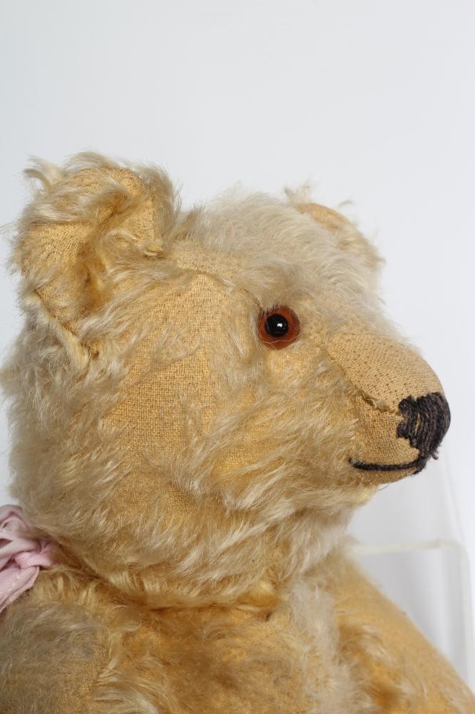 An early Steiff teddy bear, with amber glass eyes, sewn nose, felt pads, orange plush and button to Image