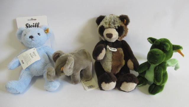 Four Steiff teddy bears, comprising a Moritz Panda, a Trampili, a "My First Steiff" and a dragon, Image