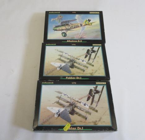 Three Eduard 1/72 scale WWI aircraft kits comprising Albatros DV and two Fokker DR 1, all items in Image