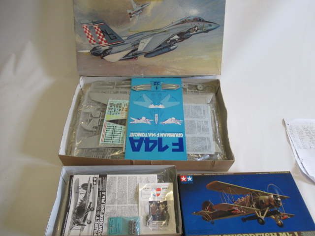 Two Tamiya kits comprising 1/48 scale Swordfish and 1:32 scale F14A Tomcat, boxed in plastic bags, Image
