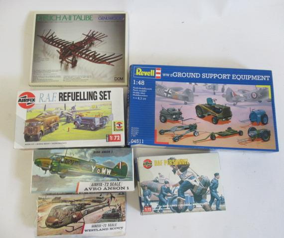 Model kits by Airfix and Revell comprising Avro Anson, Westland Scout, RAF Re-fuelling Set, RAF Image