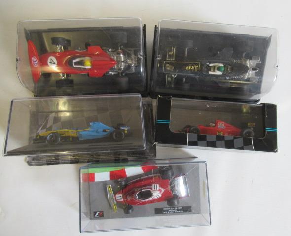 Scalextric March Ford, J.P.S. Special race cars F, and three small scale diecast race cars, boxed E Image
