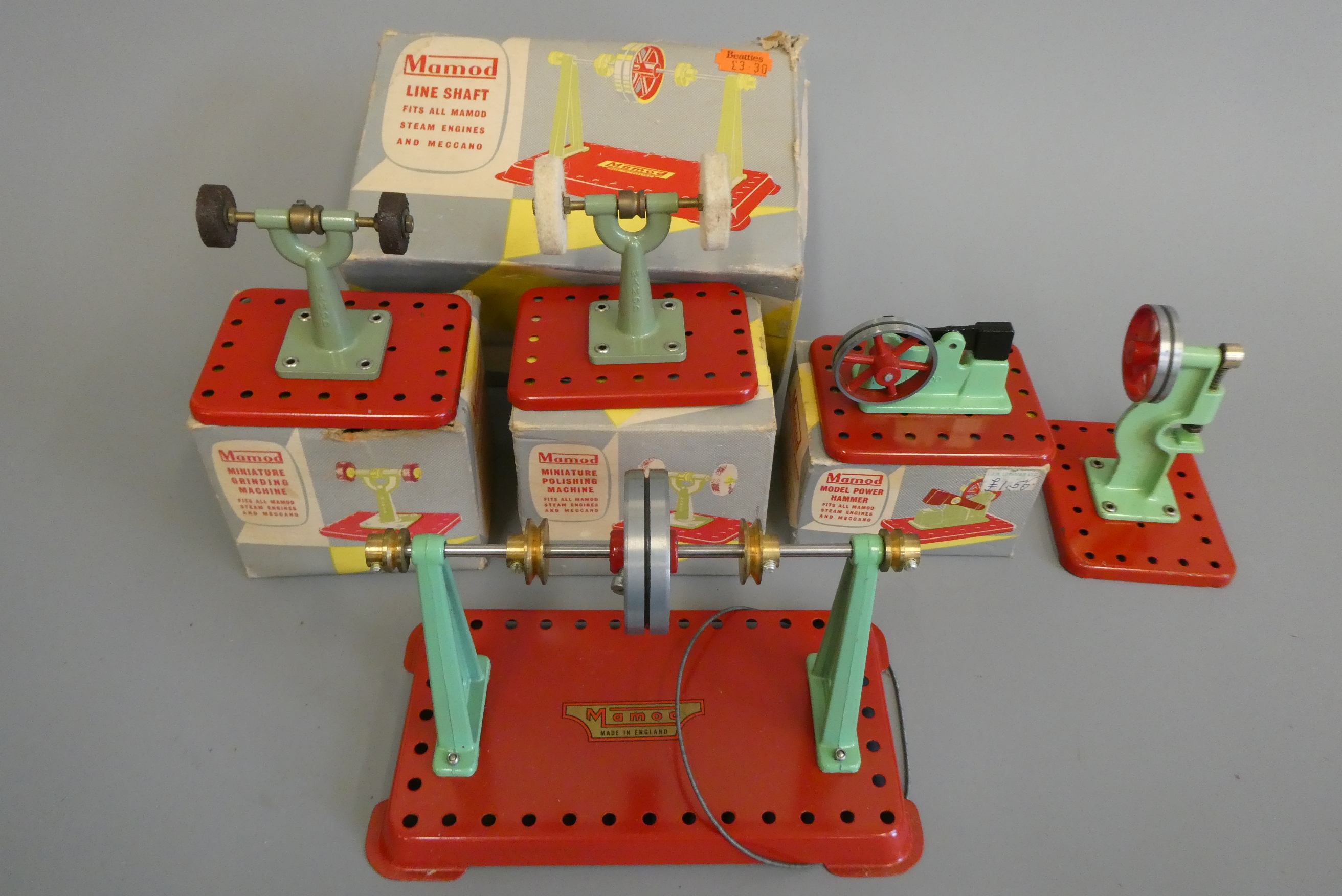 Mamod accessories including polishing machine, grinding machine, power hammer and line shaft, all Image