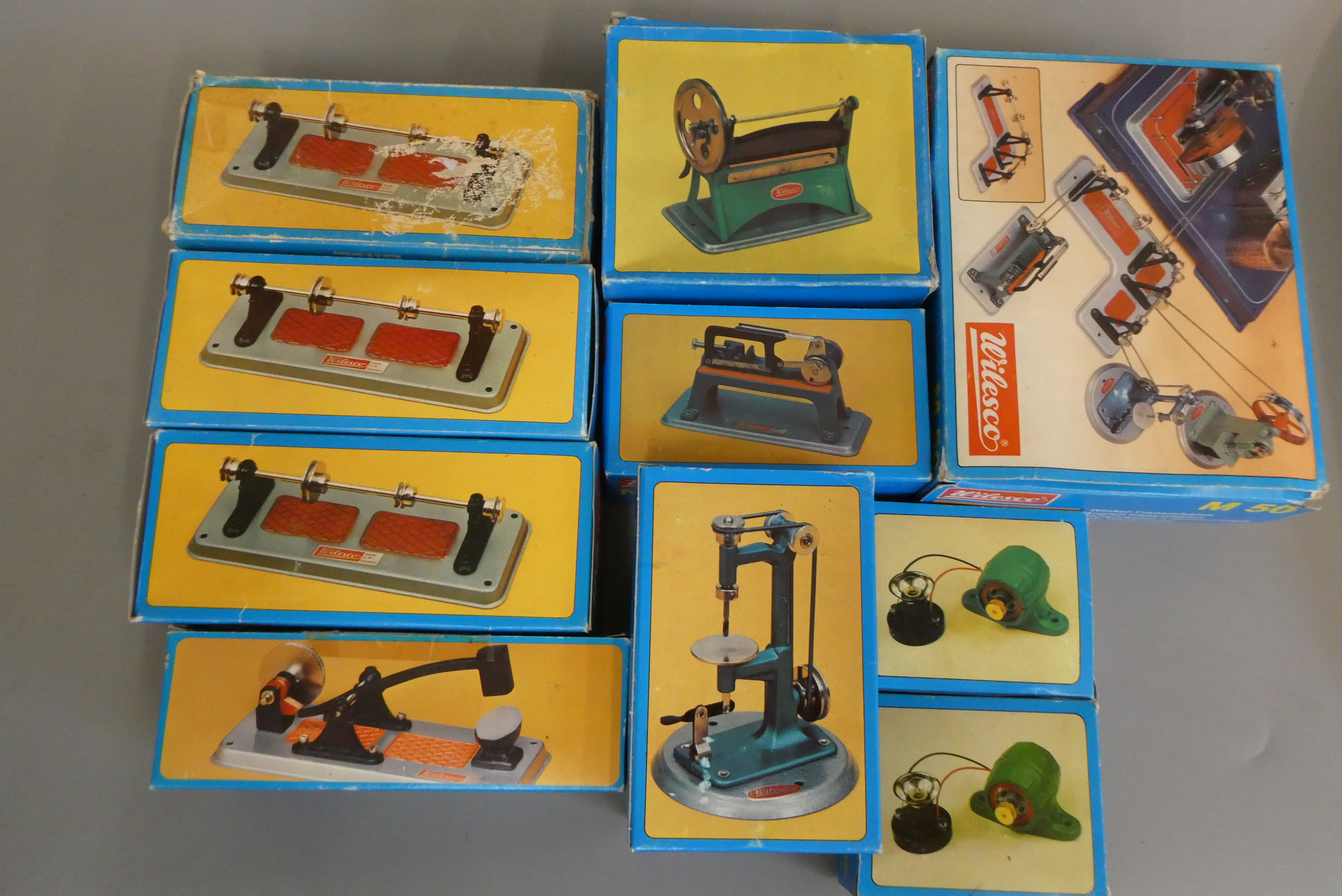 Wilesco workshop equipment including line shafts, saws, drill and dynamos, all items boxed, E (Est. Image