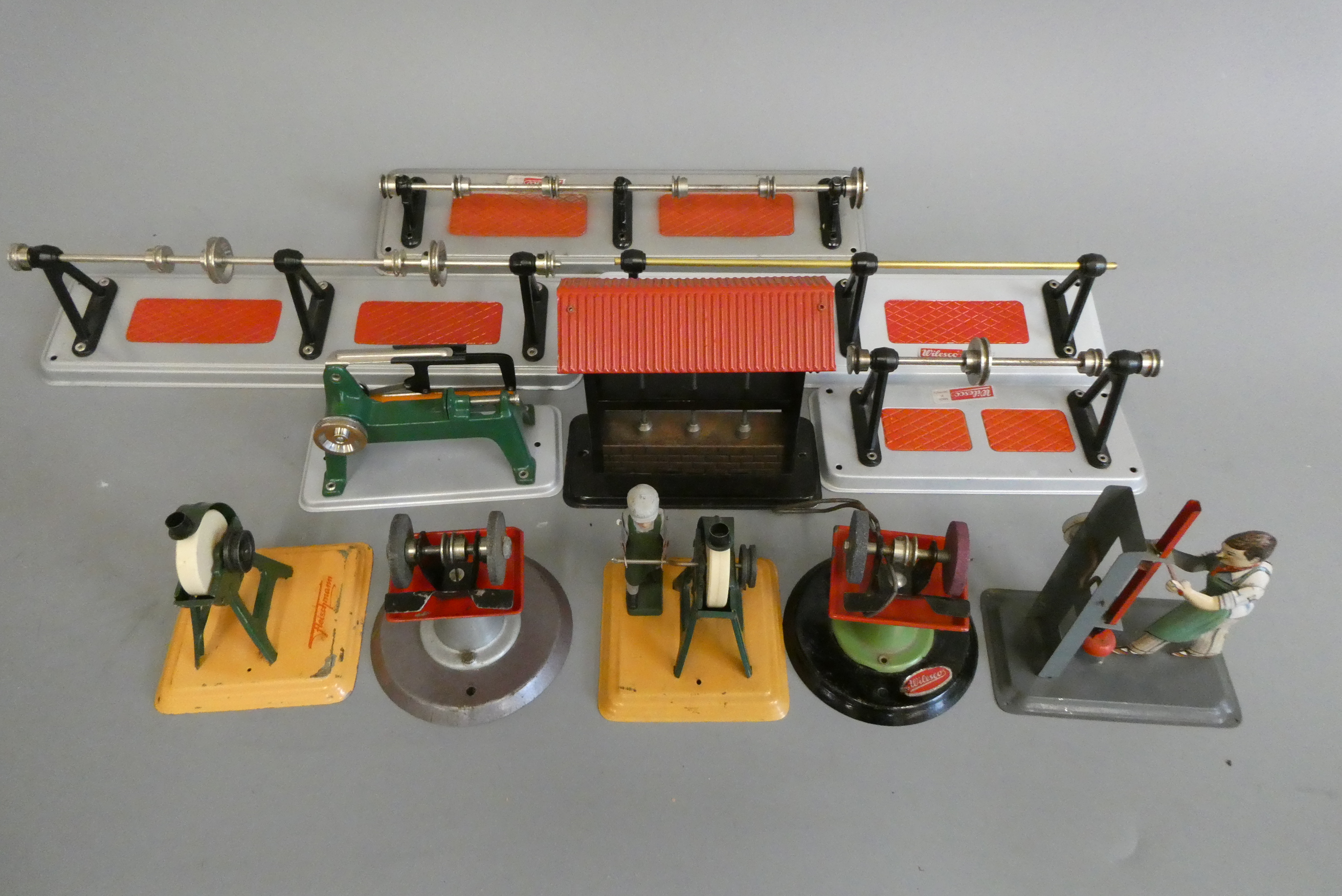 Workshop equipment by Wilesco and others including line shaft, drill press, grinders and workshop Image