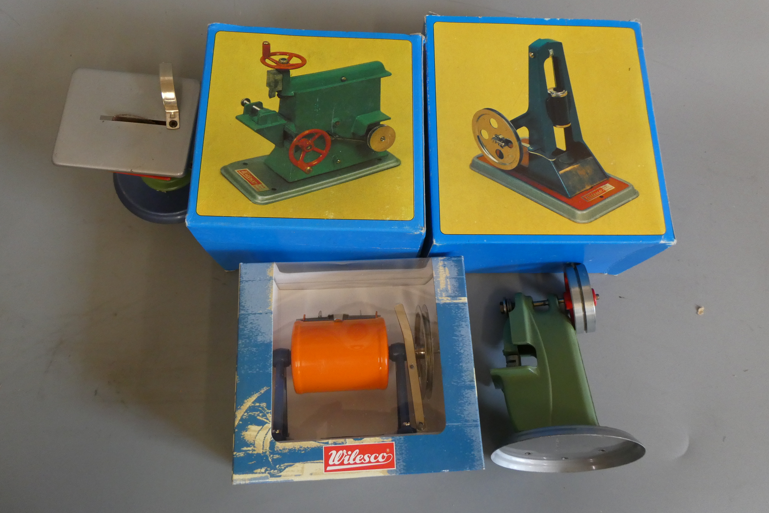 Wilesco workshop equipment comprising saw, polisher, press, shaping plane and hammer, most items Image