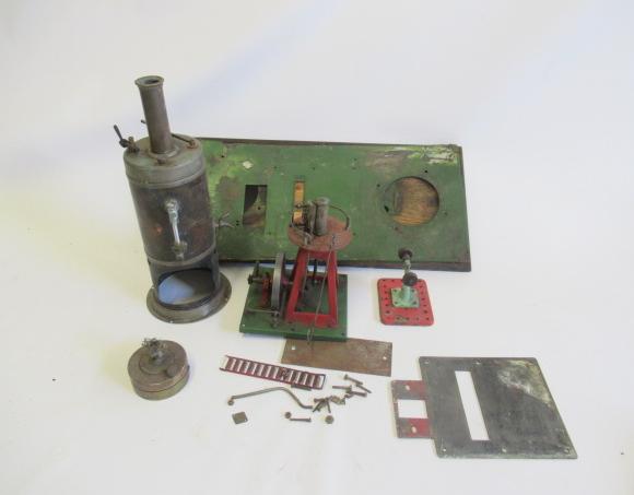 Disassembled Bing steam engine with vertical boiler and steam engine, wood/tin base, F-P (Est. plus Image