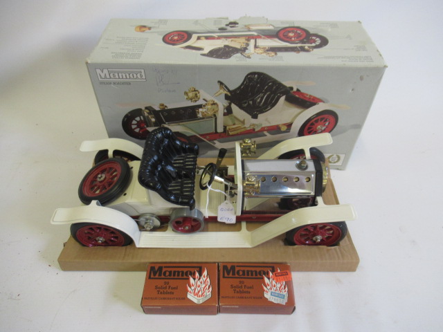 Mamod Steam Roadster in white, shows signs of very little use, boxed with packing and fuel tablets, Image