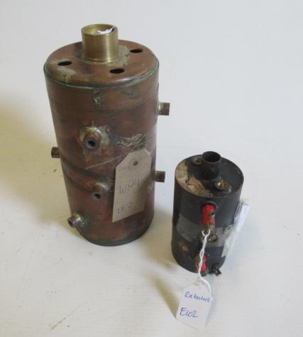 Tubed vertical copper boiler, 7" x 3", and small cross tubed vertical boiler with threaded bushes, Image