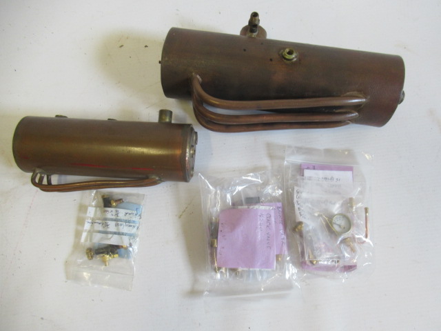 Small copper boiler with three under tubes and bushes, 6" x 2", and copper boiler with four under Image