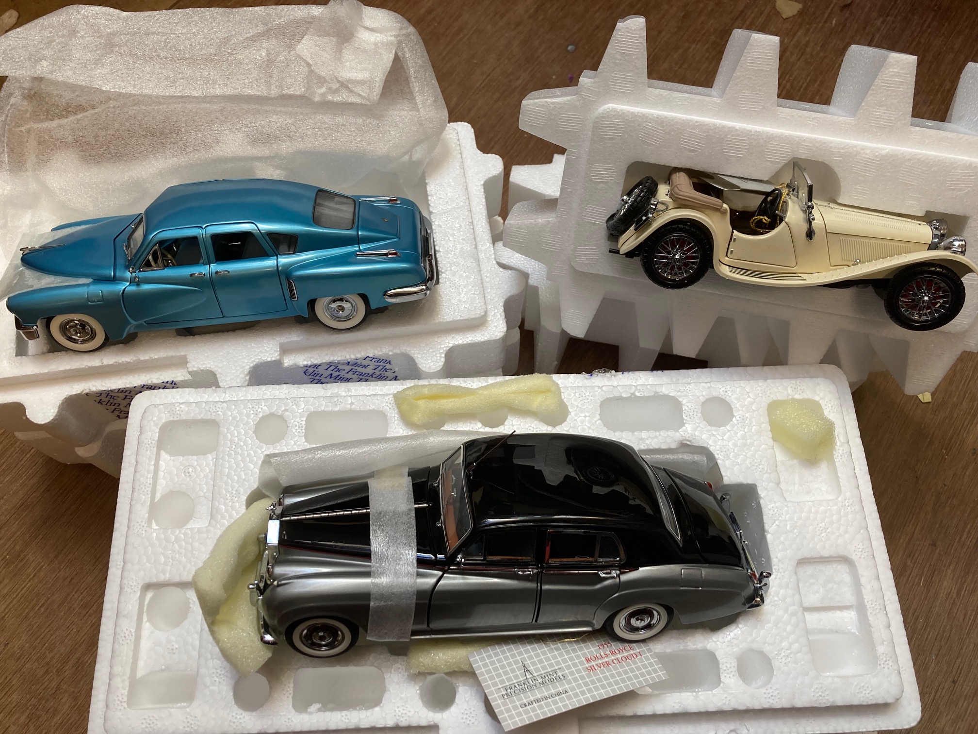 Franklin Mint SS100 Jaguar, 1948 Tucker and Rolls Royce Silver Cloud, all items boxed, E-M (Est. Image