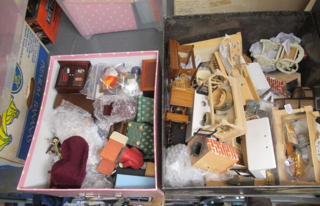 Two boxes of good quality dolls house furniture, all modern production and including metal, wood and Image