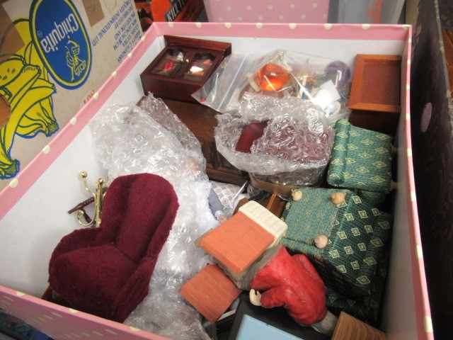 Two boxes of good quality dolls house furniture, all modern production and including metal, wood and Image