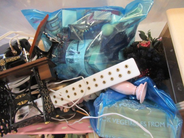 A box of dolls house furniture, including wooden furniture, two metal and wood construction sewing Image