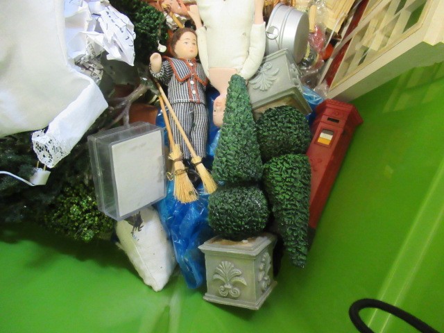 A box of dolls house dolls and outside accessories, including a conservatory, wire work pagoda and Image