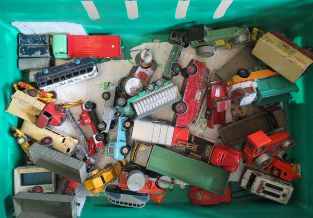 Playworn diecast vehicles by Corgi, Dinky and others, most items have paint loss or damage (Est. Image
