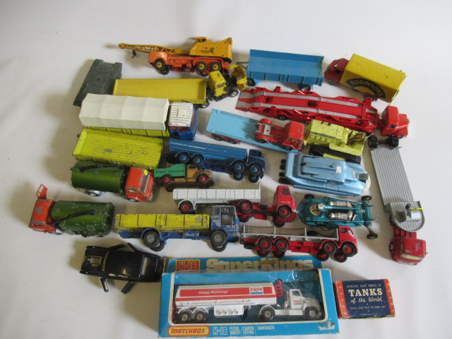 Playworn diecast vehicles by Dinky, Corgi and others, and a boxed Matchbox tanker and Tanks of the Image