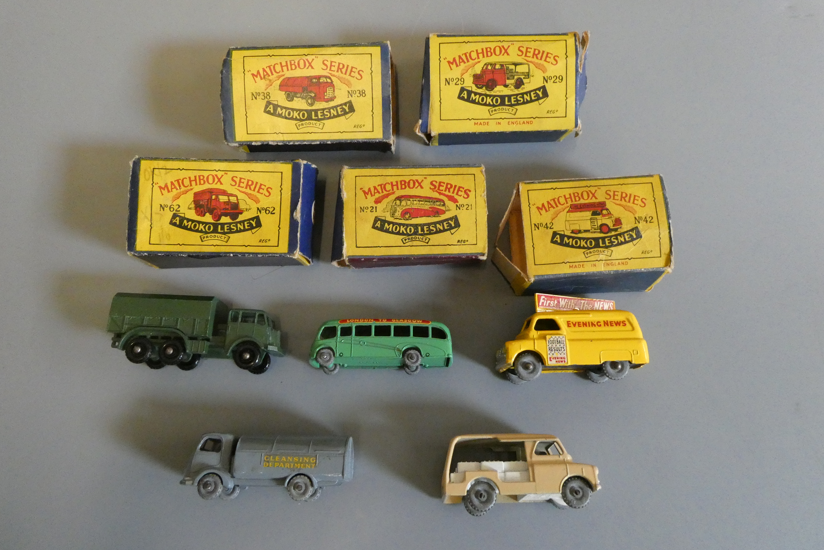 Matchbox Moko Lesney No.21 motor coach, No.29 milk van, No.38 refuse truck, No.42 news van and No.62 Image