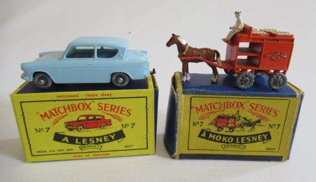 Matchbox 7a horse drawn milk float, box F-P, model G, Ford Anglia, early box M, model M (Est. plus Image