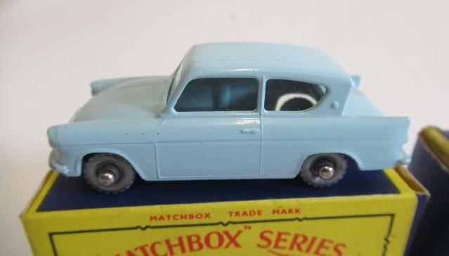 Matchbox 7a horse drawn milk float, box F-P, model G, Ford Anglia, early box M, model M (Est. plus Image