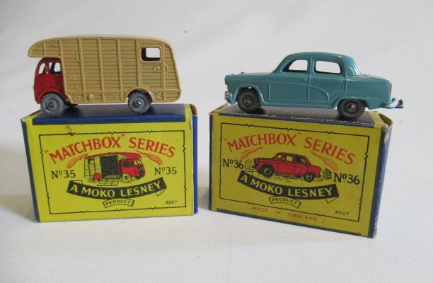Matchbox 35a E.R.F. Marshall horse box, 52mm, box M, model M, 36a Austin A50 Cambridge, box E, model Image