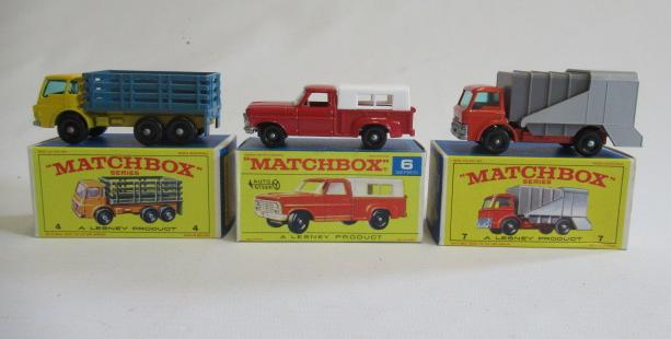 Matchbox 4d Dodge Stake truck, box M, model M, 6d Ford Pick-Up, box M, model M and 7c Refuse Truck, Image