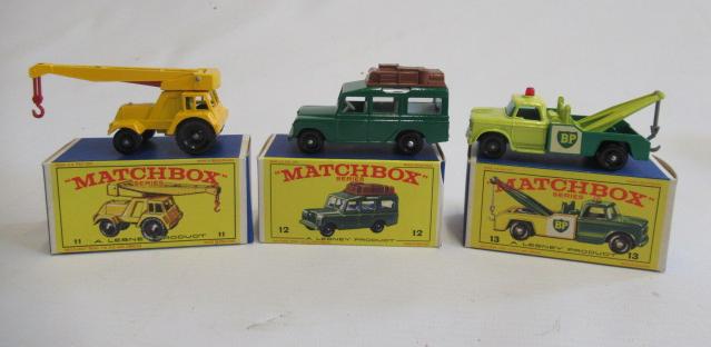 Matchbox 11c Jumbo crane, box M, model M, 12c Land Rover Safari, box M, model M and 13d Dodge Wreck Image