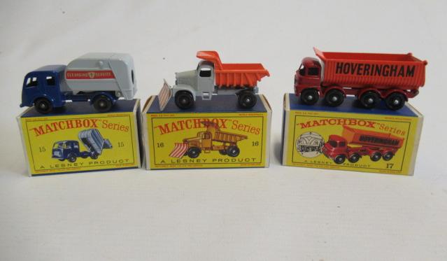 Matchbox 150C Refuse Tipper, box M, model M, 16C Scammell Snow Plough, box M, model M and 17d Foden Image