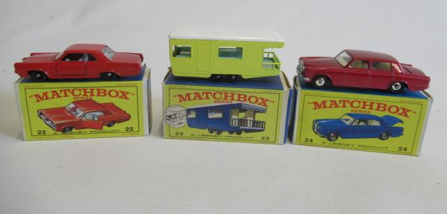 Matchbox 22c Pontiac Sports Coupe, box M, model M, 23d Trailer Caravan, box M, model M, and 24c Image
