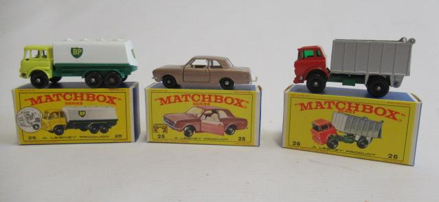 Matchbox 25c Bedford Petrol Tanker, box M, model M, 25d Ford Cortina MKII, box M, model M, and 26c Image