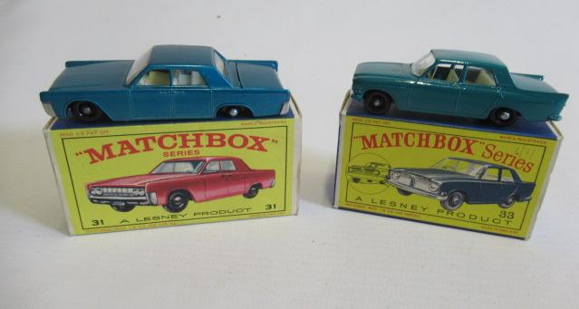 Matchbox 31c Lincoln Continental, red picture box M, model M, and 33b Ford Zephyr, box M, model M Image