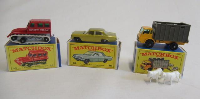 Matchbox 35b Snow Track, box M, model M, 36 Opel Diplomat in gold, one box flap damaged, boxed G, Image