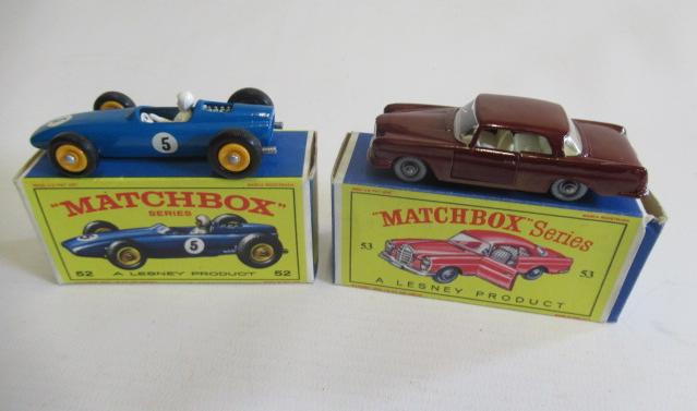 Matchbox 52b B.R.M. racing car, box M, model M and 53b Mercedes-Benz 220E, box M, model M (Est. plus Image