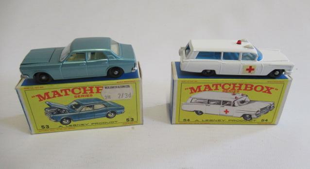 Matchbox 53c Ford Zodiac, box E-M, model M and 54b Cadillac ambulance, box M, model M (Est. plus 24% Image