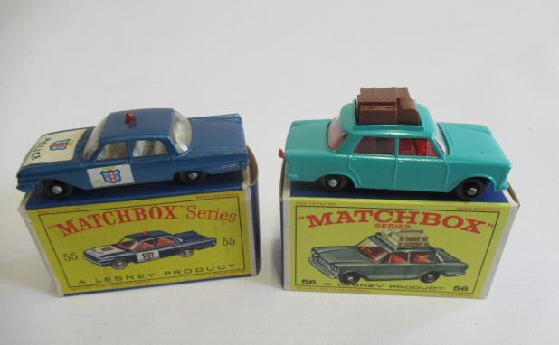 Matchbox 55b Ford Fairlane police car, box E, model E and 56b Fiat 500, box M, model M (Est. plus Image