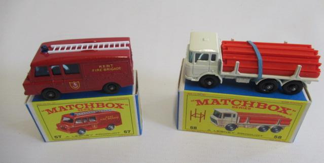 Matchbox 57c Land Rover Fire Truck, box M, model M and 58e DAF Girder truck, box , model M (Est. Image