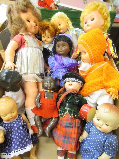 Two trays of mixed vintage dolls, including two Roddy dolls and other mainly plastic and vinyl Image