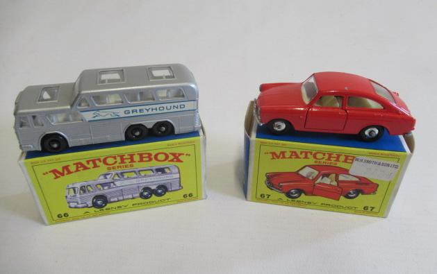 Matchbox 66c Greyhound bus, box M, model M and 67 Volkswagen 1600 TL, box M, model M except a small Image
